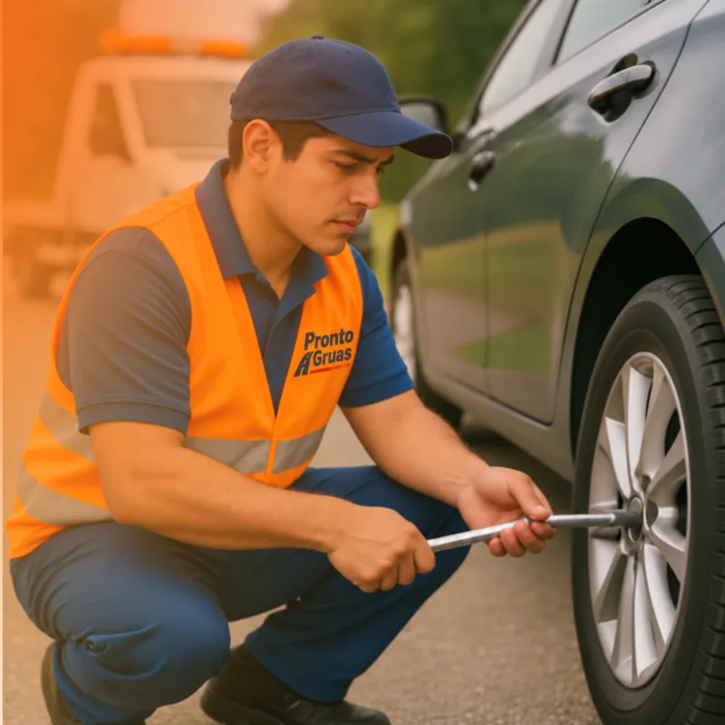 Técnico de Pronto Grúas cambiando la llanta de un vehículo
