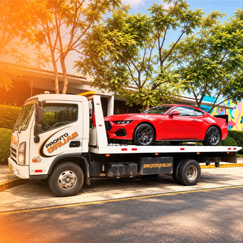 Grúa plataforma de Pronto Grúas transportando un auto deportivo rojo