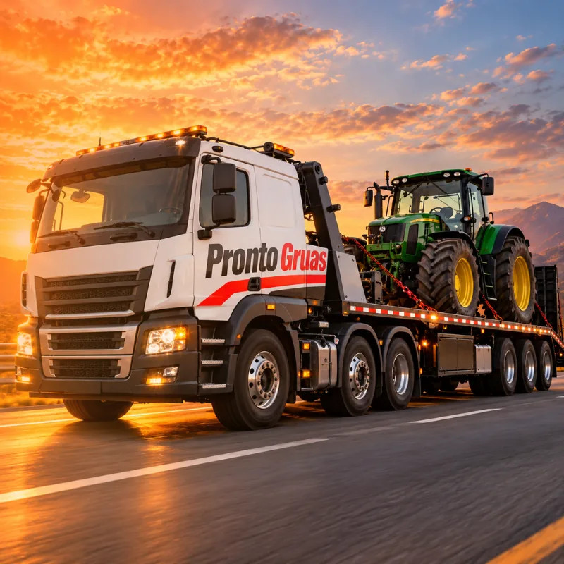 Camión grúa de Pronto Grúas transportando un tractor agrícola al atardecer